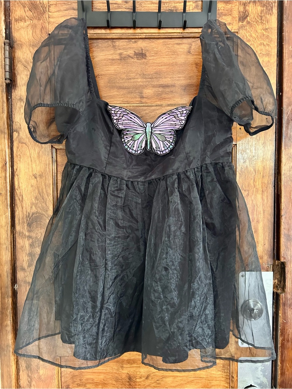 Current Mood Black Organza Babydoll Minidress with Iridescent Butterfly Appliqué